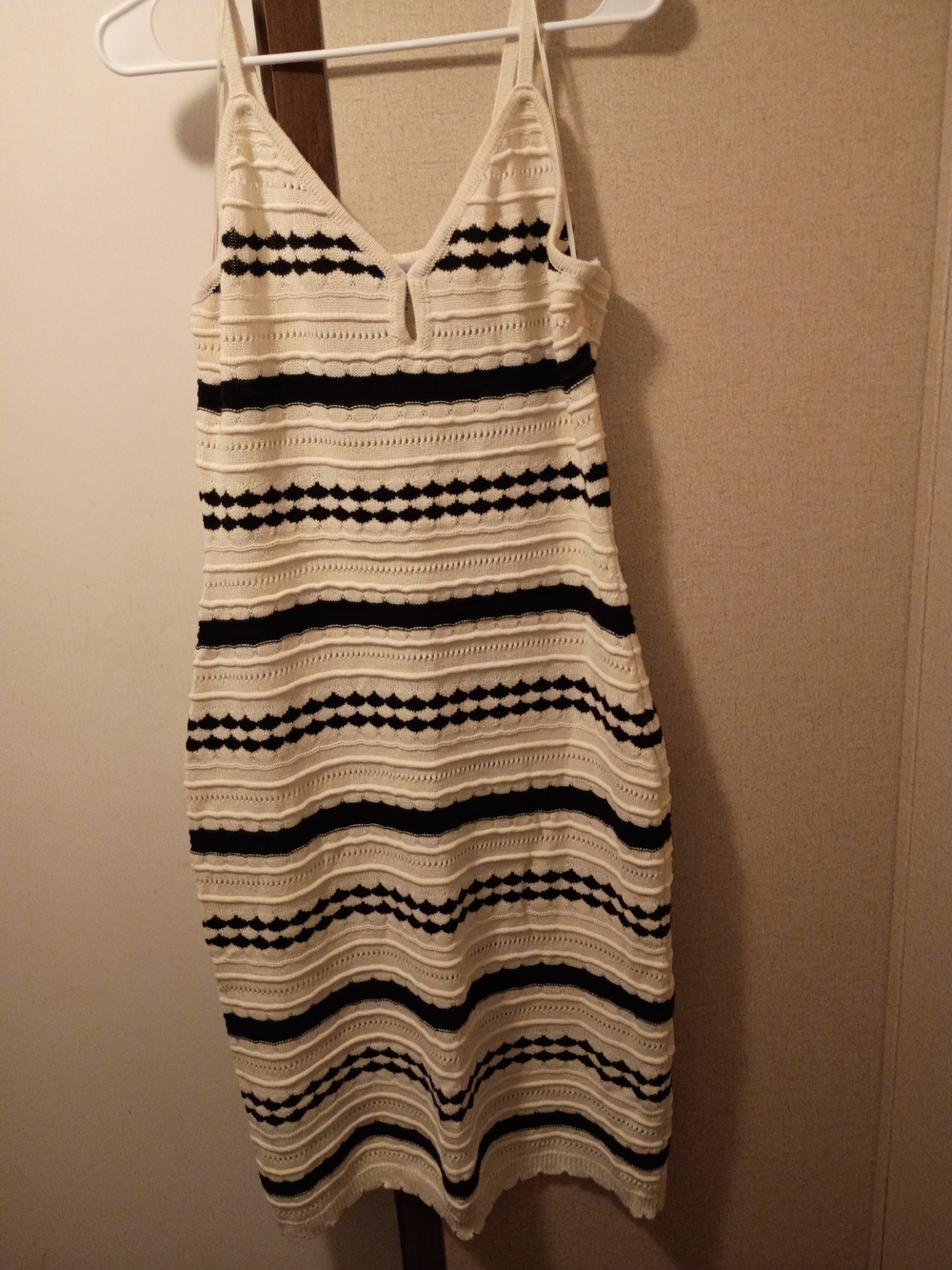 Madden Girl Cream and Black Striped Crochet Midi Dress with V-Neck